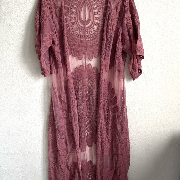 Rebellion Sweaters - Rebellion Sheer Lace Duster/Kimono, Long Cardigan, Dark Rose Color, Sz. Small